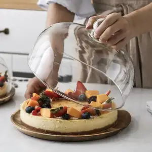 Juego de soporte de pastel de cilindro de madera de acacia personalizado con tapa de cúpula de vidrio para pasteles de boda, bandeja de comida, estante de exhibición de cristal