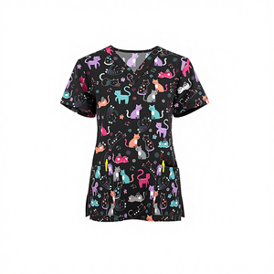 Haut de blouse médicale en coton imprimé personnalisé, col en V, uniforme d'infirmière avec poches plaquées et motif de dessin animé, service OEM - Product Image 3