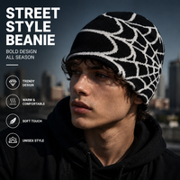 Bonnet d'hiver en tricot jacquard à revers avec logo personnalisé, motif toile d'araignée, unisexe, chaud et extensible, vente en gros