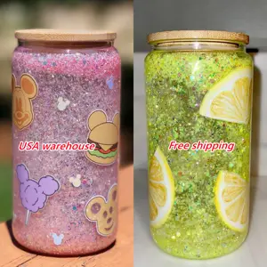 Entrepôt américain 12oz 16oz 20oz, tasse à bière transparente pré-percée, boîte à sublimation à double paroi, globe à neige en verre pailleté avec couvercle et paille