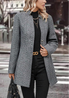Veste en tweed gris à chevrons sans col pour femme, manteau droit mi-long à manches longues, vêtement d'extérieur pour le bureau, automne-hiver