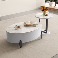 Ensemble de table basse ovale Nordic Cream avec plateau en verre trempé, tiroir caché, meuble gain de place pour salon d'appartement