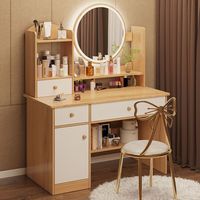 Table de toilette moderne de grande capacité avec miroir éclairé, étagères ouvertes, tiroir, armoire, rangement pour chambre à coucher, bureau de maquillage