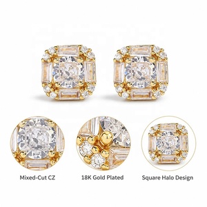 Orecchini a perno con zirconi cubici (CZ) placcati oro e argento, con taglio baguette, rotondo e quadrato, stile Iced Out, gioielli hip hop di tendenza - Product Image 3
