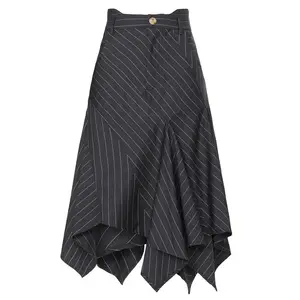 Fashion Custom Cotton Stripe Midi Skirt High Quality Pinstripe Asymmetry Women's Skirt Elegant Formal Skirt For Office Ladies