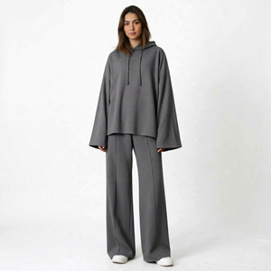 Conjunto Deportivo de Otoño para Mujer, Estampado, Gris, con Capucha, 2 en 1, Sudadera Holgada de Manga Larga y Pantalones Anchos - Product Image 1