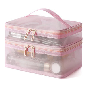 Sac cosmétique en nylon à mailles, personnalisé, en gros, pour femme, pochette de voyage à fermeture éclair, sac de maquillage pour femme - Product Image 1