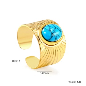 Bague ajustable vintage en acier inoxydable plaqué or 18 carats avec pierre naturelle turquoise pour femme, bijoux personnalisés - Product Image 2