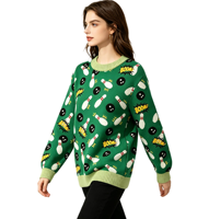 Pull jacquard de Noël pour homme et femme, motif boule et quilles de bowling 3D, pull d'hiver à manches longues