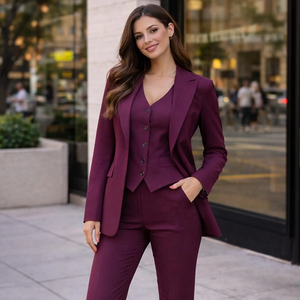 Women’s Burgundy Wine Pantsuit Elegant Three Piece Tailored Blazer Vest and Trousers <b>Set</b> Formal <b>Office</b> Wear Business Outfit - Product Image 1