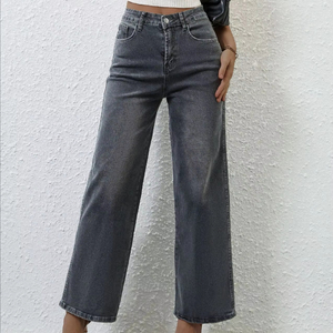 <span class=keywords><strong>Jean</strong></span> droit <span class=keywords><strong>gris</strong></span> clair en denim pour femme/maman, taille haute très extensible, motif uni, coupe ample - Product Image 1