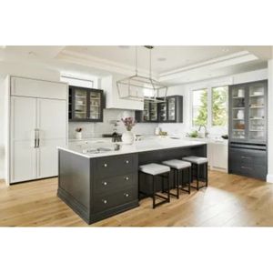 Cuisine contemporaine en forme de L avec îlot, prête à assembler, armoires en bois laqué, matériau du panneau - Product Image 1