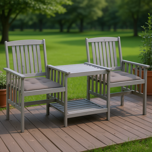 Ensemble de chaises de jardin en bois d'acacia massif gris avec table à thé, mobilier d'extérieur pour 2 personnes, style traditionnel, résistant aux intempéries - Product Image 2