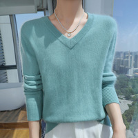 Pull-over col en V pour femme, style coréen, couleur unie, chaud, ample, tricoté, pour l'automne et l'hiver