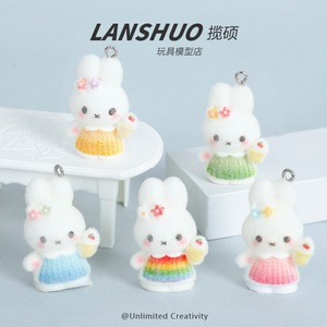 Flocked Cartoon Rabbit Miniature 3D Keychain Pendant Plastic Resin <b>Car</b> Interior <b>Decor</b> DIY Jewelry Set - Product Image 2