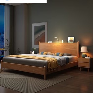 Lit double en bois massif de style nordique avec rangement, mobilier de chambre moderne et minimaliste - Product Image 4