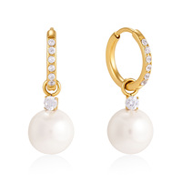 Pendientes Huggie de Perlas y Circonitas, Acero Inoxidable, Chapado en Oro de 18K, Resistentes al Agua, Joyería de Moda para Mujer, Venta al por Mayor