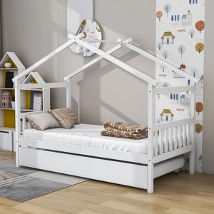 Lit enfant en pin massif pour fille et garçon, lit simple avec lit gigogne et barrière de sécurité, style minimaliste moderne pour usage domestique - Product Image 1