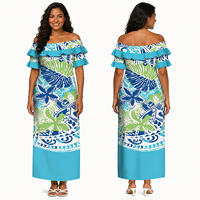 Pakaian Wanita Ukuran Besar Custom Plus Size Puletasi 2 Potong, Gaun Pulau Hawaii Polinesia Motif Bunga Hibiscus, Model Off Shoulder dengan Ruffle