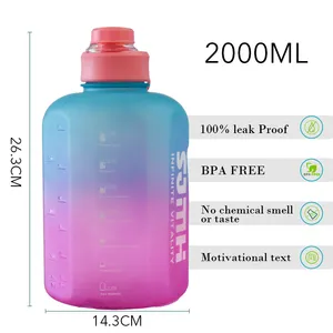 Botella de agua deportiva con logotipo personalizado, botella de plástico de gran capacidad de 1,5 galones, 2L, con marcador de tiempo