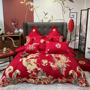 Mewah Romantis selimut merah penutup 100% katun pengantin bordir selimut penutup tempat tidur pernikahan set produsen