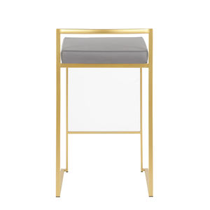 Taburete de Barra de <span class=keywords><strong>Cocina</strong></span> de Lujo Moderno <span class=keywords><strong>con</strong></span> Asiento Acolchado de Cuero PU Gris, <span class=keywords><strong>Respaldo</strong></span> Bajo y Estructura Metálica Cuadrada Dorada - Product Image 5