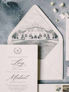 Invitation <span class=keywords><strong>de</strong></span> mariage personnalisée en lettres imprimées en relief noires avec illustration <span class=keywords><strong>de</strong></span> lieu <span class=keywords><strong>de</strong></span> mariage en aquarelle et monogramme <span class=keywords><strong>de</strong></span> verdure simple - Product Image 4