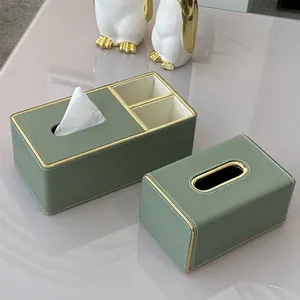 Leasylife High-Grade Leather Tissue Box With Gold Rim, Suitable For Hotel Home Living Room Coffee Table Light Luxury Tissue Box