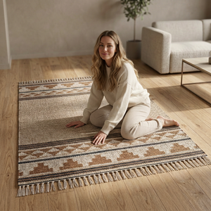 Alfombra de Área Beige de Lujo Moderna y Sencilla - Alfombra con Aspecto de Yute con Borlas, Acolchada y Antimicrobiana, Extra Gruesa para Sala de Estar - Product Image 5