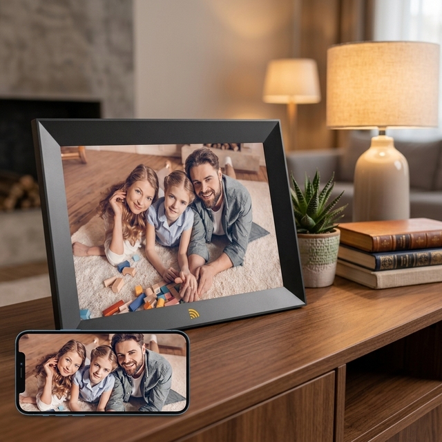 8" WiFi Photo Frame 32GB A50 - Solid Wood Black/White | Touch Clock/MP3 | Gifts&Bulk OK | Fast Ship