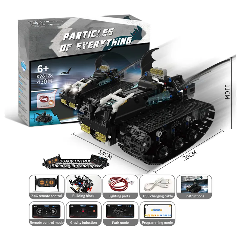 Aplicación técnica educativa Control remoto Batmobile tanque cadena vehículo ladrillos programación juguetes bloques de construcción juegos para regalo