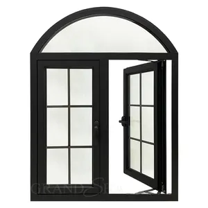 אלומיניום שחור צבע צרפתית למעלה קשת חלון זכוכית כפולה גריל עיצוב