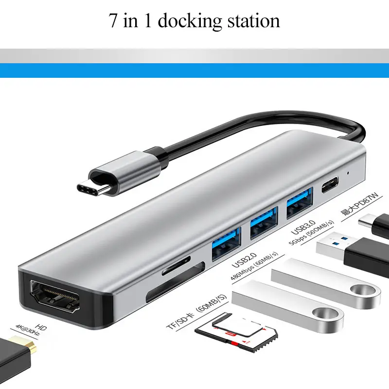 Envío rápido USB3.0 5Gbps Adaptador 7 multipuerto en 1 estación de acoplamiento tipo C a mouse USB hub 3,0 para computadora portátil