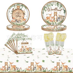Ensemble de vaisselle de fête sur le thème des animaux de la forêt, 60-80 pièces, assiettes jetables, gobelets, serviettes, nappe, décoration d'anniversaire - Product Image 1