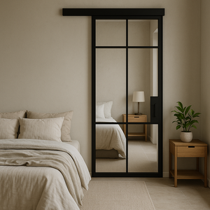 <span class=keywords><strong>Puerta</strong></span> interior corrediza de vidrio de rejilla de un solo panel <span class=keywords><strong>Puerta</strong></span> de ahorro de espacio con marco de metal negro - Product Image 1