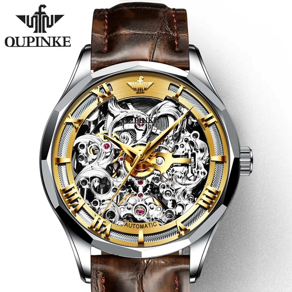 Oupinke 3168 पुरुषों स्वचालित यांत्रिक घड़ियों चमड़े का पट्टा फैशन उच्च गुणवत्ता घड़ी के लिए पुरुषों