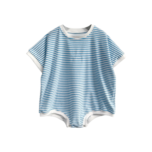 Terry Cloth Baby Romper Blue <strong>White</strong> Striped Short Sleeve <strong>Onesie</strong> - Product Image 2
