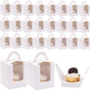 Boîtes à cupcakes individuelles avec fenêtre, contenants à cupcakes individuels blancs avec poignée, boîte à pâtisserie en papier kraft - Product Image 1