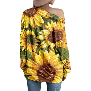 Camisa sensual estampada com flores de girassol, blusa de manga longa para mulheres, camisas soltas de chiffon colorida e urbano