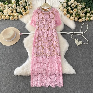 Vestido de Verano de Alta Gama con Cuello Redondo y Adornos de Perlas para Mujer, Ajustado a la Cadera con Encaje - Product Image 2