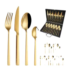 Hot Selling Products 2022 Gold Silver Cutlery Set 24pcs Weeding Knife Spoon and Fork with Wooden Gift Case /box