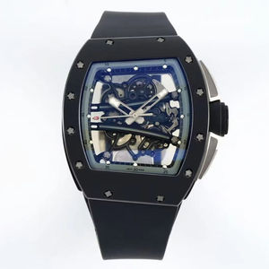 Montre mécanique automatique classique noire en fibre de carbone, résistante à l'eau, avec bracelet en caoutchouc, tourbillon, design ajouré, luxe et mode - Product Image 1