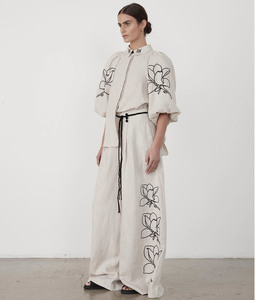 Enyami Set Coordinato <span class=keywords><strong>Donna</strong></span> 2 Pezzi Stile Bohemien per Vacanze, Casual Musulmano, con Blusa in <span class=keywords><strong>Lino</strong></span> a Stampa Floreale e Maniche a Lanterna e <span class=keywords><strong>Pantaloni</strong></span> Palazzo - Product Image 2