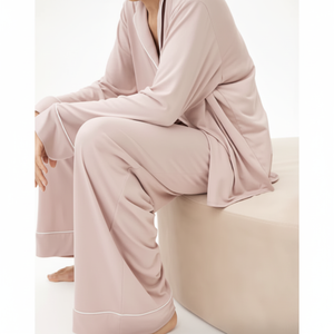 2 Piece Cassic Pajamas Set Sleepwear <b>Long</b> <b>Sleeve</b> <b>Top</b> and Full Length Pants <b>White</b> Piping for <b>Women</b> - Product Image 1
