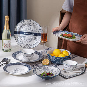 Service de vaisselle rond en céramique Camellia avec motif encre chinoise, compatible micro-ondes, idéal pour la maison et les cadeaux - Product Image 5