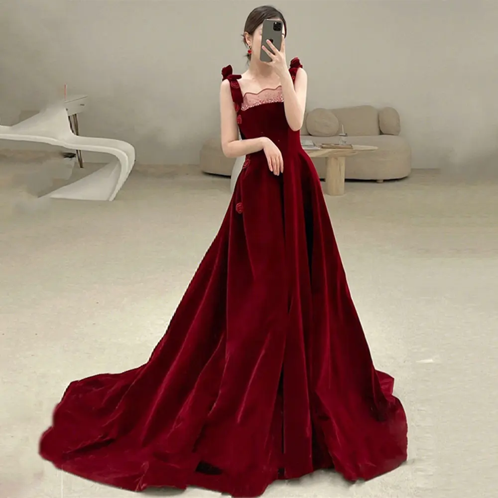 Abito da sposa con bretelle in velluto abito da sera rosso vino di fidanzamento con nuovo senso Senior di lusso leggero