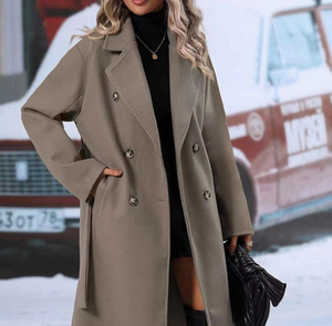 Manteau trench en laine croisé pour femme, col rabattu, manches longues, vêtement d'extérieur chaud, veste décontractée pour le bureau - Product Image 5