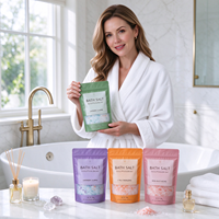 Sel de bain 500g en sachet refermable, naturel et biologique, aux senteurs de rose, lavande, eucalyptus et agrumes, pour bain relaxant, marque privée, coffret cadeau de sel de bain