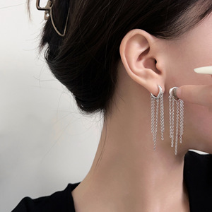 S925 Sterling Silver Heart Shape Tassel <b>Cuff</b> <b>Earrings</b> Asymmetrical Chain Everyday Wear - Product Image 1