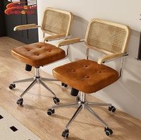 Chaise de bureau sans bras du milieu du siècle pivotante avec dossier en rotin rembourrage en cuir réglable pour la maison, l'hôtel, l'étude et l'utilisation de l'ordinateur